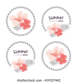 Tropical flower collection set with wreath, frame, ribbon, bird, background. Vector graphic design vintage template for invitation, greeting card, postcard, fabric, t-shirt, fashion, print, banners