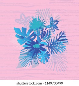 Tropical flower composition, hand drawn leaf, vector illustration, glitch or interference effect on background, duotone style. Floral bouquet, exotic plant, duo tone