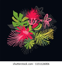 Tropical flower composition, hand drawn jungle paradise, vector illustration isolated on black background. Floral leaf bouquet, exotic plant leaf, botanical doodle style