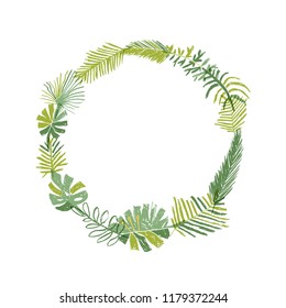 Tropical flower composition, hand drawn circle greenery botanical wreath. Vector illustration isolated on white background. Floral paradise, exotic plant leaf border
