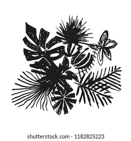 Tropical flower composition, hand drawn leaf, vector illustration isolated on white background. Botanical monochrome bouquet, exotic plant, doodle style
