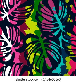 Tropical flower in ethnic style on a striped background. Cartoon tropical leaves