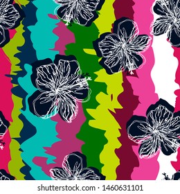 Tropical flower in ethnic style on a striped background. Cartoon tropical leaves