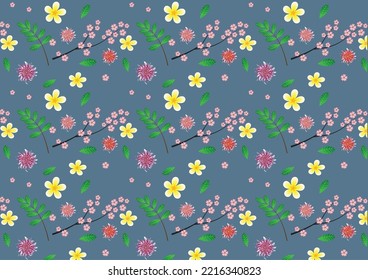 Tropical flower fabric pattern on green background.