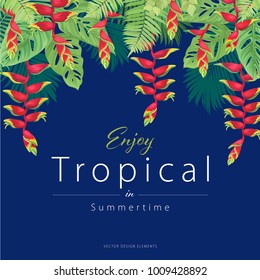 Tropical flower with false bird of paradise and green leaf on blue background. Vector set of blooming tropical floral for holiday's background, wedding invitations and greeting card design.