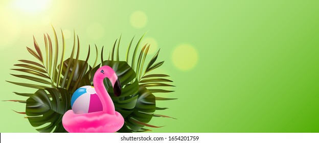 Tropical flower. Flamingo banner. Jungle palm and tropic background. Vector floral illustration. Colorful tropical flower banner.