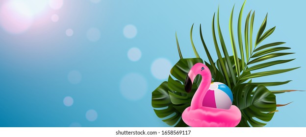 Tropical flower. Flamingo banner. Jungle palm and tropic background. Vector floral illustration. Colorful tropical flower banner.