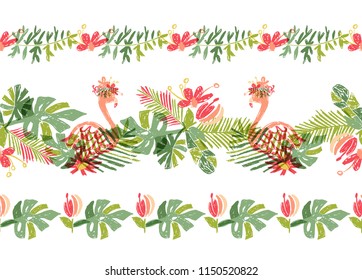 Tropical flower and flamingo bird, hand drawn tropic seamless header or border line, vector illustration isolated on white background. Floral bouquet, exotic plant leaf and bird, lets flamingle