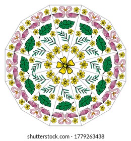 Tropical flower and flamingo bird on circle.