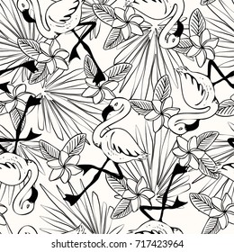 Tropical flower and flamingo pattern in black and white. Print for t-shirt, apparel, fabric or wrapping. Vector is seamless and repeatable.