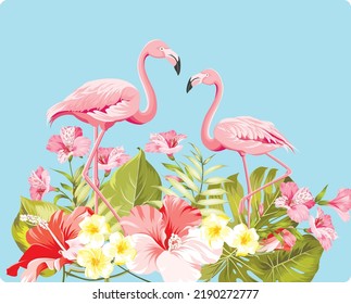 Tropical flower and flamingos on blue background