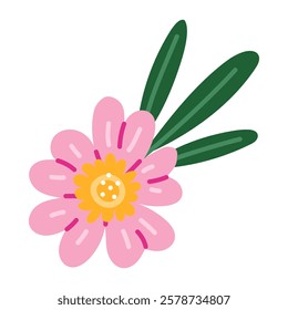 tropical flower in a flat style. plumeria is blooming with leaves, highlighted on a white. Isolated botany is colored on white. pink flower with a yellow core and small leaves. For packaging