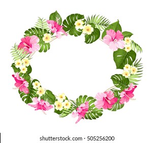 Tropical flower frame with place for invitation card text. Happy holiday card with floral garland. Summer holiday invitation card with floral garland with text place. Vector illustration.