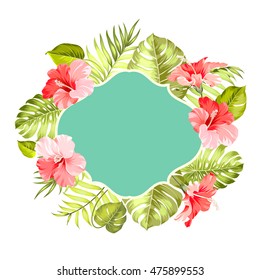 Tropical flower frame with text place for summer vacation description. Vector illustration.