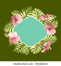 Tropical flower frame with text place for summer vacation description. Vector illustration.