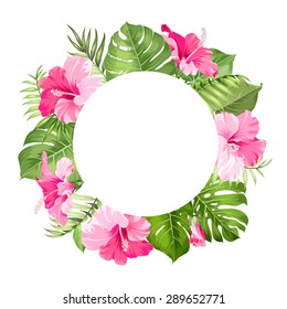 Tropical flower frame for your card design with clear space for text. Vector illustration.