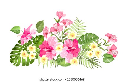 Tropical flower garland for your card design. Label with plumeria flowers. Invitation card template with color flowers of alstroemeria. Vector illustration.
