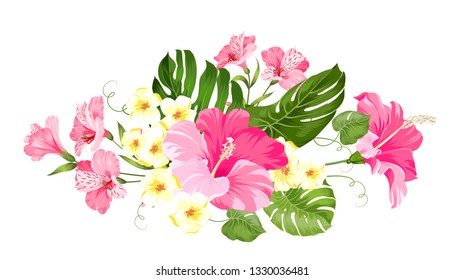 Tropical flower garland for your card design. Label with plumeria flowers. Invitation card template with color flowers of alstroemeria. Vector illustration.