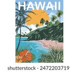 Tropical flower graphic print design for t shirt print, poster, sticker, background and other uses. Hawaii beach vibes summer typo graphic gradient beach t shirt print design.