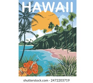 Tropical flower graphic print design for t shirt print, poster, sticker, background and other uses. Hawaii beach vibes summer typo graphic gradient beach t shirt print design.