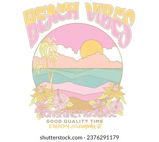 Tropical flower graphic print. Summer good vibes artwork for apparel. palm long beach illustration vector. Summer flower print.  Big wave.	