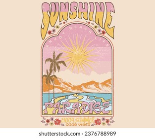 Tropical flower graphic print. Summer good vibes artwork for apparel. Palm tree illustration vector. Summer flower print. Ocean wave. Mountain vector artwork.