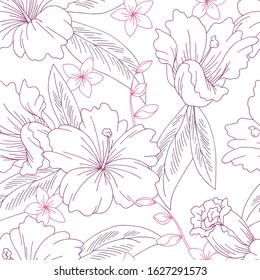 Tropical flower graphic seamless pattern background pink color sketch illustration vector