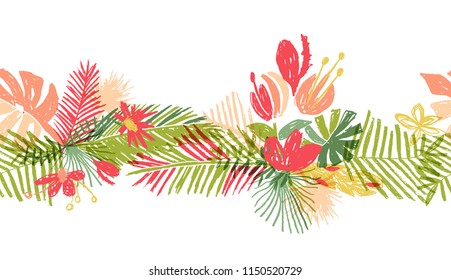 Tropical flower hand drawn seamless header, vector illustration isolated on white background. Floral bouquet, exotic plant leaf, doodle style