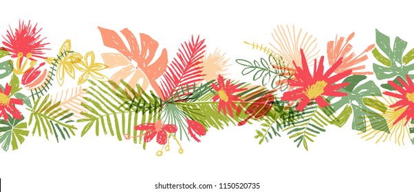 Tropical flower hand drawn seamless border, vector illustration isolated on white background. Floral bouquet, exotic plant leaf, doodle style