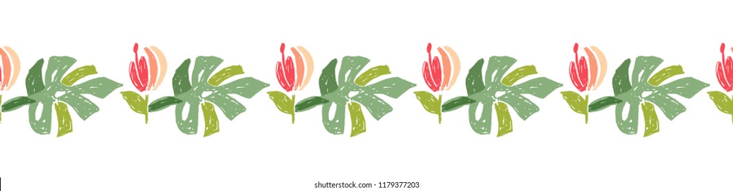 Tropical flower, hand drawn tropic header or border line, vector illustration isolated on white background. Floral jungle bouquet, exotic plant leaf, botanical composition in doodle style