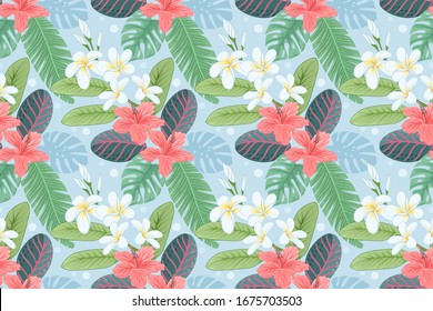 Tropical flower Hibicus  Plumeria and leaf seamless pattern. can use for fabric textile wallpaper.