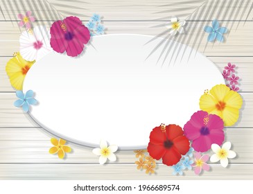 Tropical flower hibiscus and board wall frame. Vector illustration 