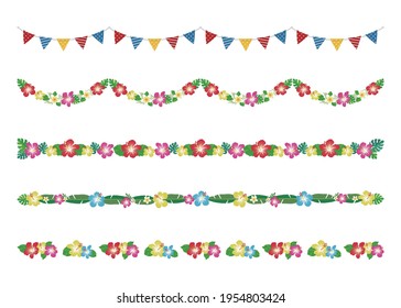 Tropical Flower Hibiscus Decoration. Garland, Line, Separator Line 5 Types