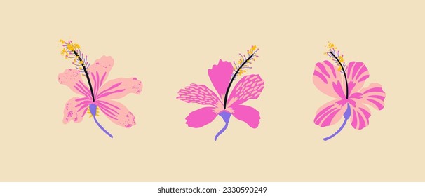 Tropical flower hibiscus. Hawaiian exotic plant. Texture with giraffe spots, stripes, dots. Aloha vector for poster, background, decor. 