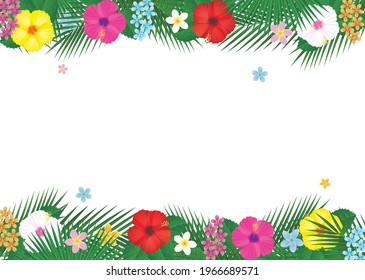 Tropical flower hibiscus and palm leaf frame. Vector illustration 