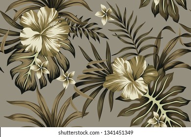 Tropical flower hibiscus and plumeria floral palm leaves seamless pattern grey  background. Exotic jungle wallpaper. 