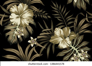 Tropical flower hibiscus and plumeria floral palm leaves seamless pattern black background. Exotic jungle wallpaper.