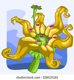 Tropical flower with huge yellow petals and pink nectar drops on blue background