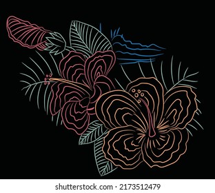 Tropical flower illustration. Hibiscus line vector graphic for t shirt, poster and other uses. M