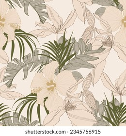 Tropical flower illustration. Line  vintage seamless pattern.  hibiscus, exotic leaves line illustration. Vintage color.