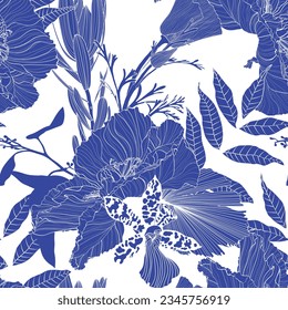 Tropical flower illustration. Line  vintage seamless pattern.  clematis, poppy, orchid line illustration. Blue color.