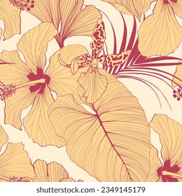 Tropical flower illustration. Line  vintage seamless pattern.  hibiscus, exotic leaves line illustration. Vintage color.