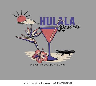 tropical flower with juice vector design, hawaii beach resort artwork for t shirt, sticker, poster, graphic print, retro vintage summer design