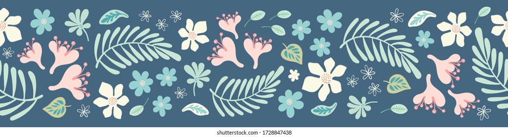 Tropical flower and leaf border pattern. Cute vector seamless repeat floral and foliage banner design.