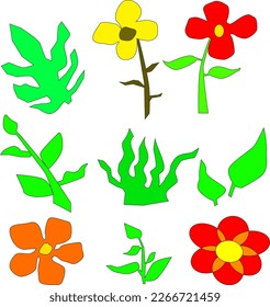 
Colección estilizada de flor tropical y vector de hojas dibujado con mano