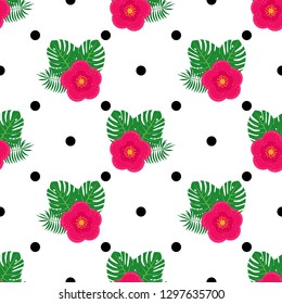 Tropical flower and leaves  with black dots seamless pattern