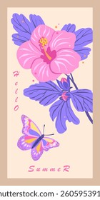 Tropical flower with leaves and buds and butterfly. Hello summer. Pastel colors, vertical shape, isolated vector illustration