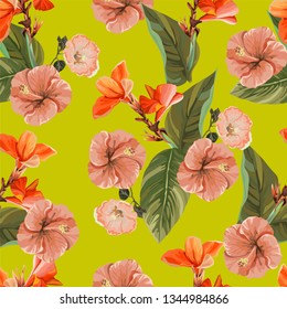 Tropical flower and leaves with hibiscus and canna lily seamless pattern-vector