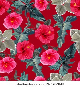 Tropical flower and leaves with hibiscus seamless pattern-vector