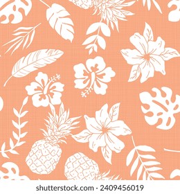 Tropical flower leaves and pineapple monochrome seamless pattern on texture background